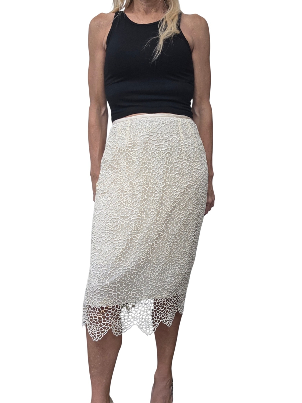 Vintage 90s Bill Blass Silk Cotton Ivory Lace Midi Skirt 4